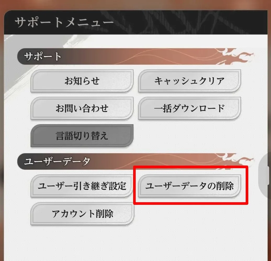 Title-screen support menu with the Delete User Data button highlighted